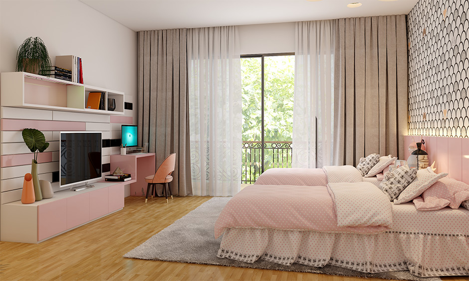 Phòng ngủ kết hợp giữa màu hồng và xám.